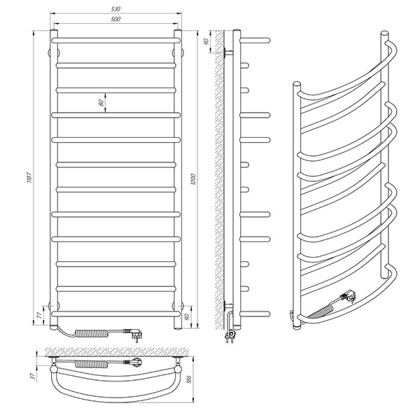 Схема - Електрична рушникосушарка Laris Євромікс П12 500 х 1200 Е (підкл. зліва)