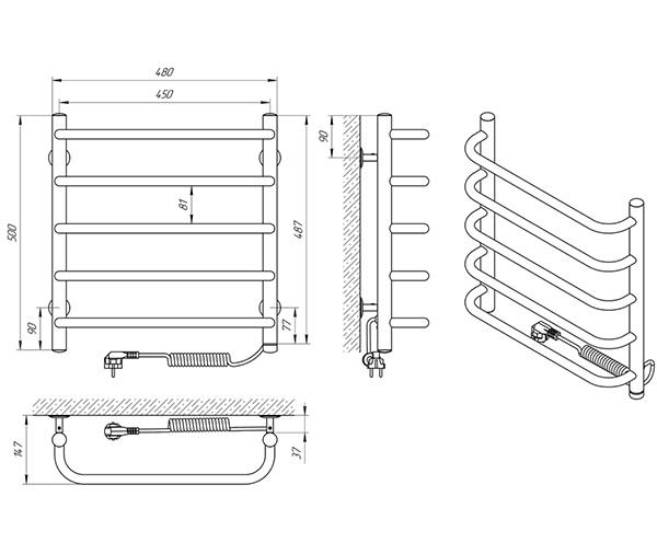 Схема - Рушникосушарка Laris Стандарт П5 450 х 500 Е (підкл. справа)