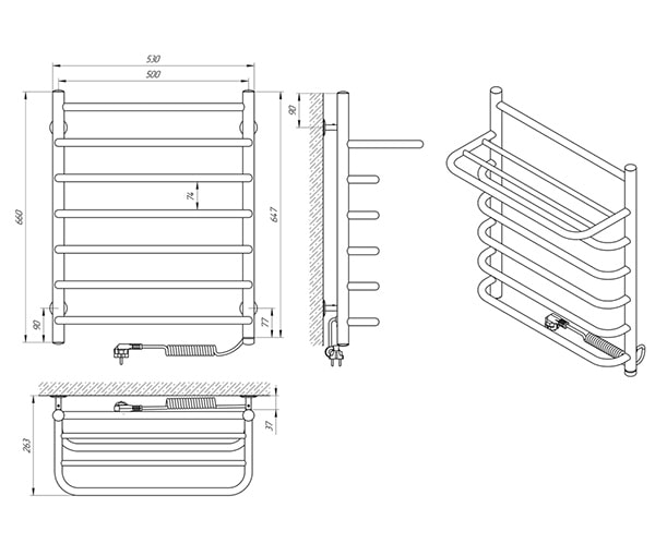 Схема - Электрический полотенцесушитель Laris Стандарт П7 500 х 660 с полкой Э (подкл. справа)