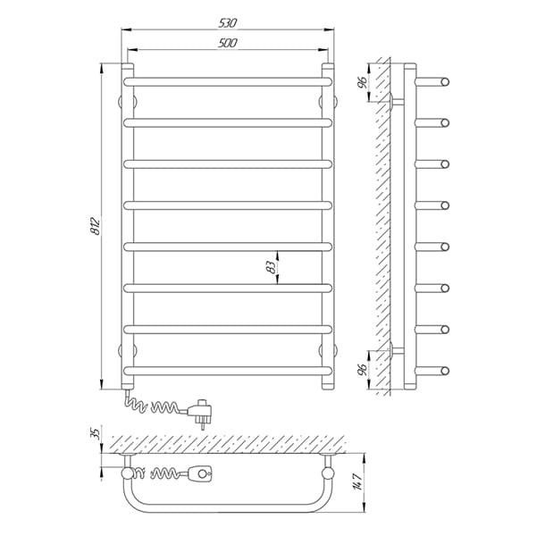 Схема - Полотенцесушитель Laris Стандарт П8 500 х 800 Э (подкл. слева)