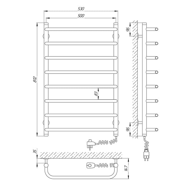 Схема - Полотенцесушитель Laris Стандарт П8 500 х 800 Э (подкл. справа)