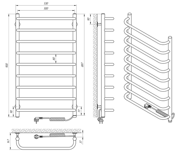 Схема - Електрична рушникосушарка Laris Стандарт П9 500 х 900 Е (підкл. справа)