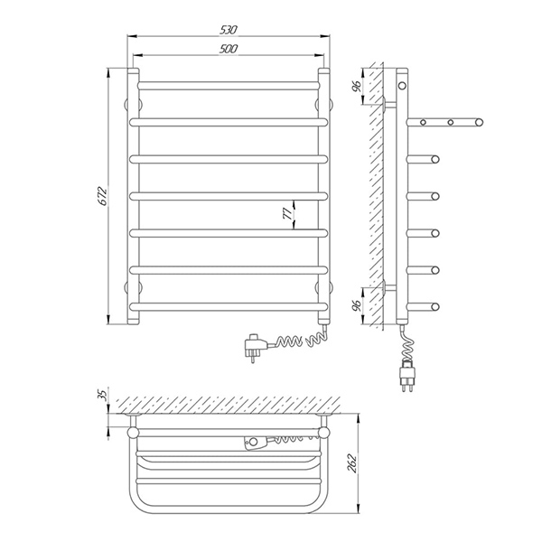 Схема - Электрический полотенцесушитель Laris Стандарт П7 500 х 660 с полкой Э (подкл. справа) (рег.на вилке)