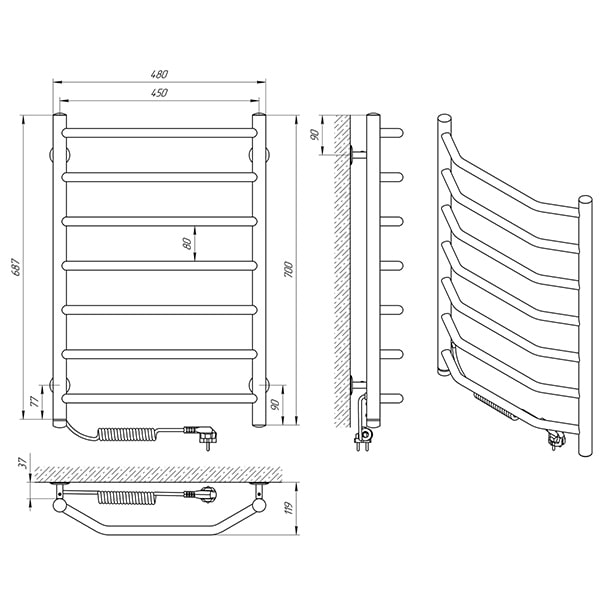 Схема - Електрична рушникосушарка Laris Вікторія П7 450 х 700 Е S3 (підкл. зліва)