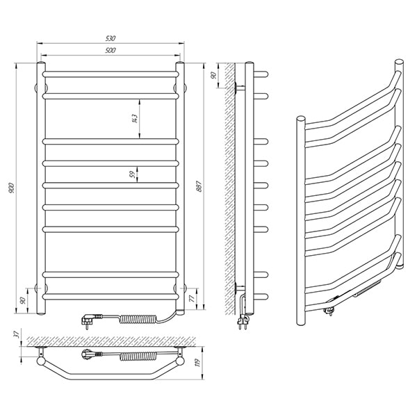 Схема - Рушникосушарка Laris Вікторія П9 500 х 900 Е (підкл. справа)