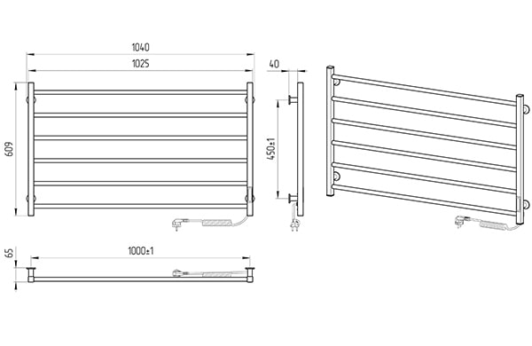 Схема - Электрический полотенцесушитель Laris Зебра Горизонт ЧК6 1000 х 600 Э (подкл. справа) R3