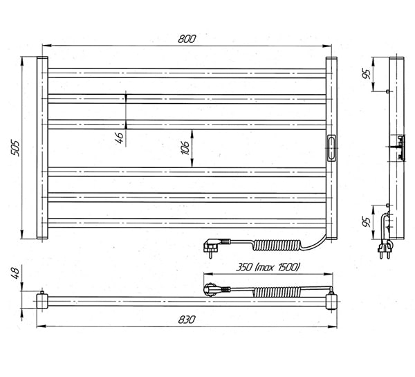 Схема - Електрична рушникосушарка Laris Зебра Горизонт ЧФЧ6 800 х 500 Е (підкл. справа) R3