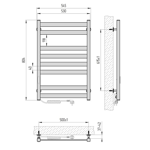 Схема - Электрическая полотенцесушитель Laris Кватро ЧФ(ГМ)8 500 х 800 Е (подкл. слева) R3