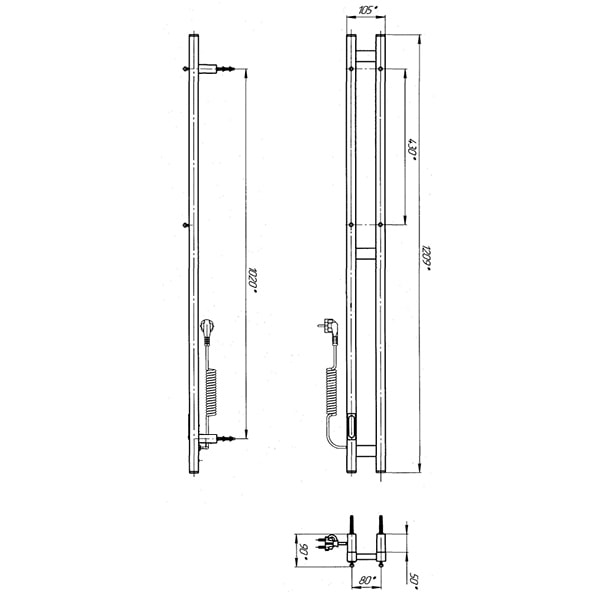 Схема - Электрический полотенцесушитель Laris Зебра Дуэт ЧКЧ3 80 х 1200 Э (подкл. слева) R3